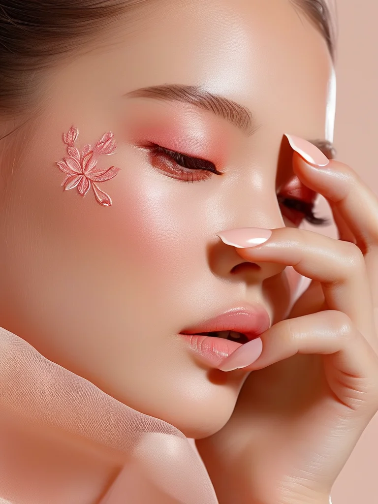 Oval nails with a shimmering holographic chrome finish in rose gold and pale pink tones, featuring subtle cherry blossom accents embossed or painted on accent nails.