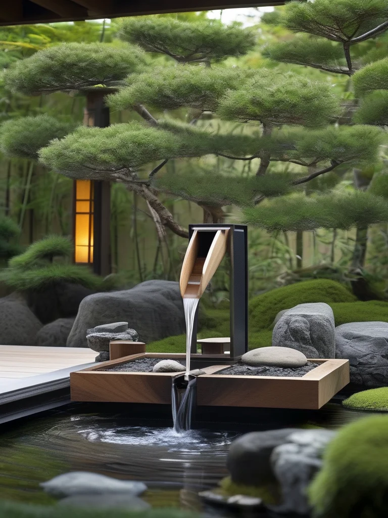 A serene, Japanese-inspired garden corner featuring a DIY bamboo spout fountain gracefully pouring water into a natural stone basin. The minimalist landscape includes meticulously pruned bonsai trees, verdant moss, and smooth river stones, alongside a rustic wooden bench, all illuminated by soft, diffused daylight creating a tranquil, contemplative mood.