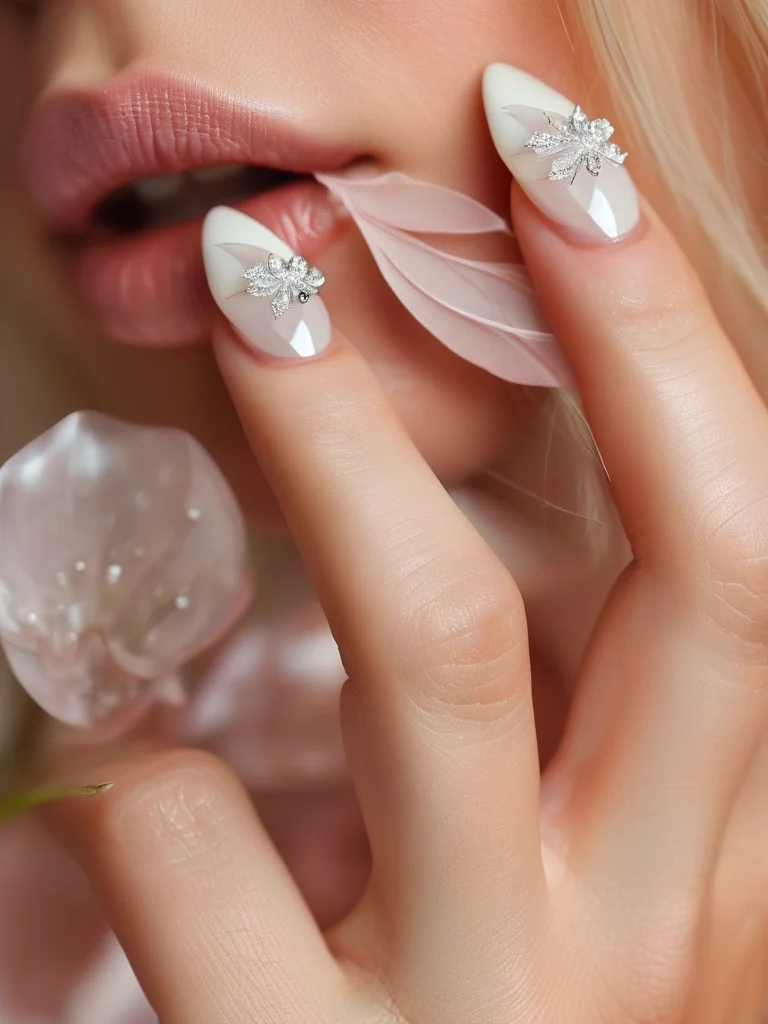 Macro close-up of a woman's hand with medium almond nails, featuring a lustrous pearlescent white base embellished with delicate 3D sculpted clear gel flowers and tiny silver micro-beads, showcasing a refined, ethereal floral design ideal for prom.