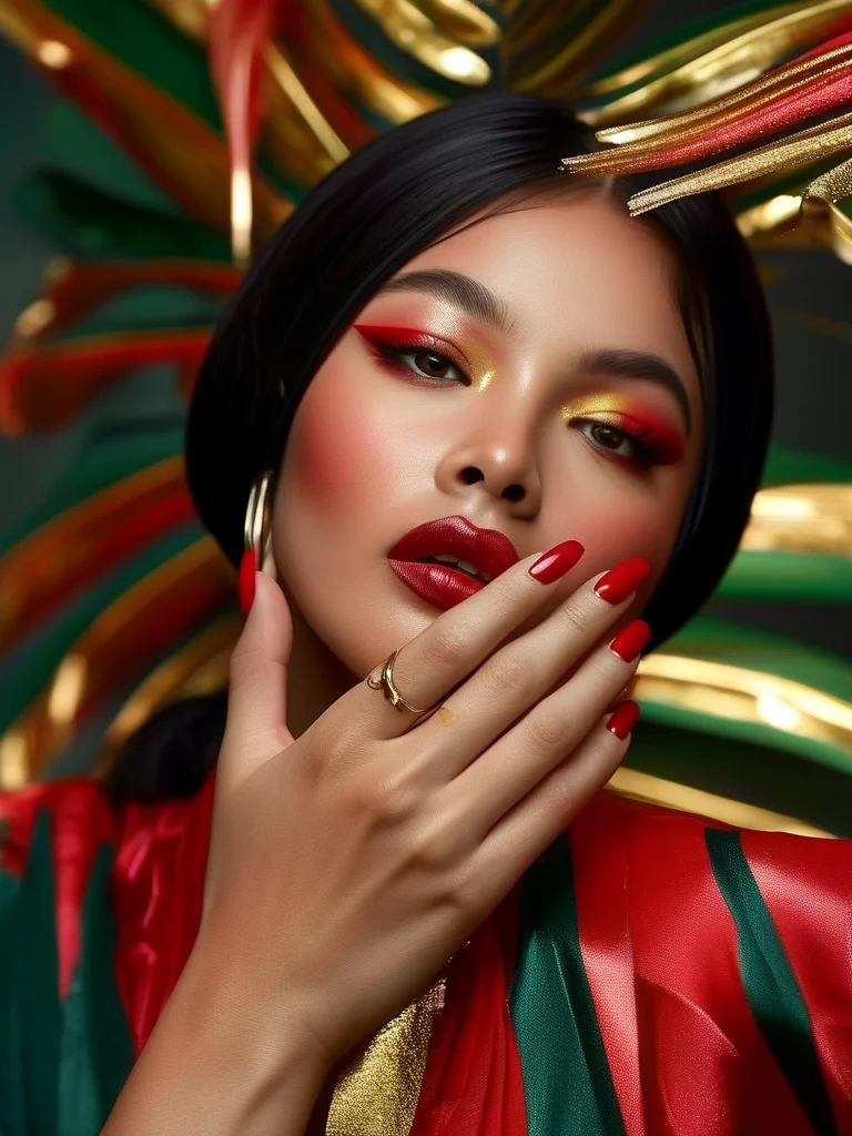 Glossy oval nails with a vibrant design, some featuring crisp red, green, and white stripes, while others display a smooth red to green ombré fade, with a subtle gold accent nail.
