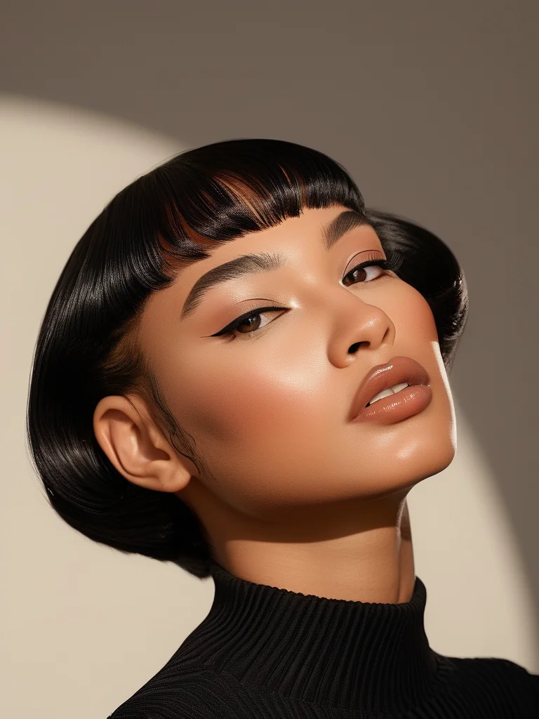 Unlock Your Ultimate Look: 7 Stunning Box Braid Styles to Inspire Your Next Transformation 5 A woman with chic, chin-length short box braids in glossy jet black, styled into a sharp angled bob. The precise cut and sleek finish of the braids are highlighted under bright, clean studio lighting against a blurred minimalist urban background.