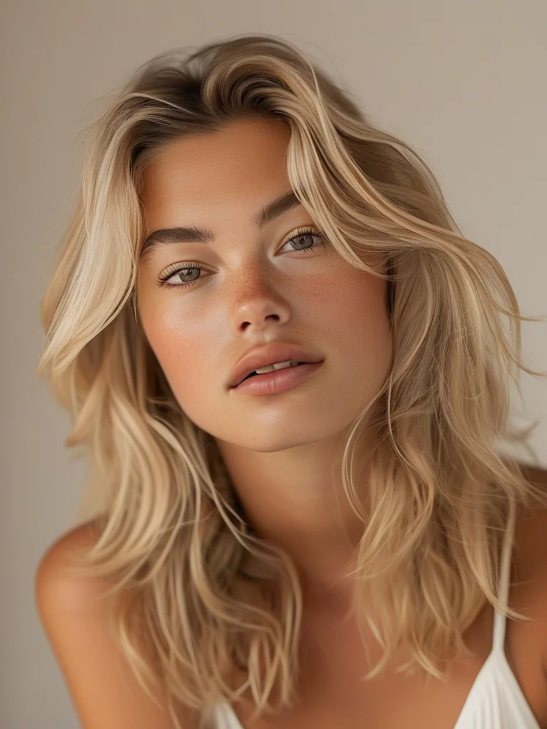 An indoor studio editorial portrait of a model with medium-length, wavy honey-blonde hair styled in soft, natural beach waves. The hair's movement and sun-kissed tones are highlighted under even diffused lighting, creating a chic and relaxed aesthetic.