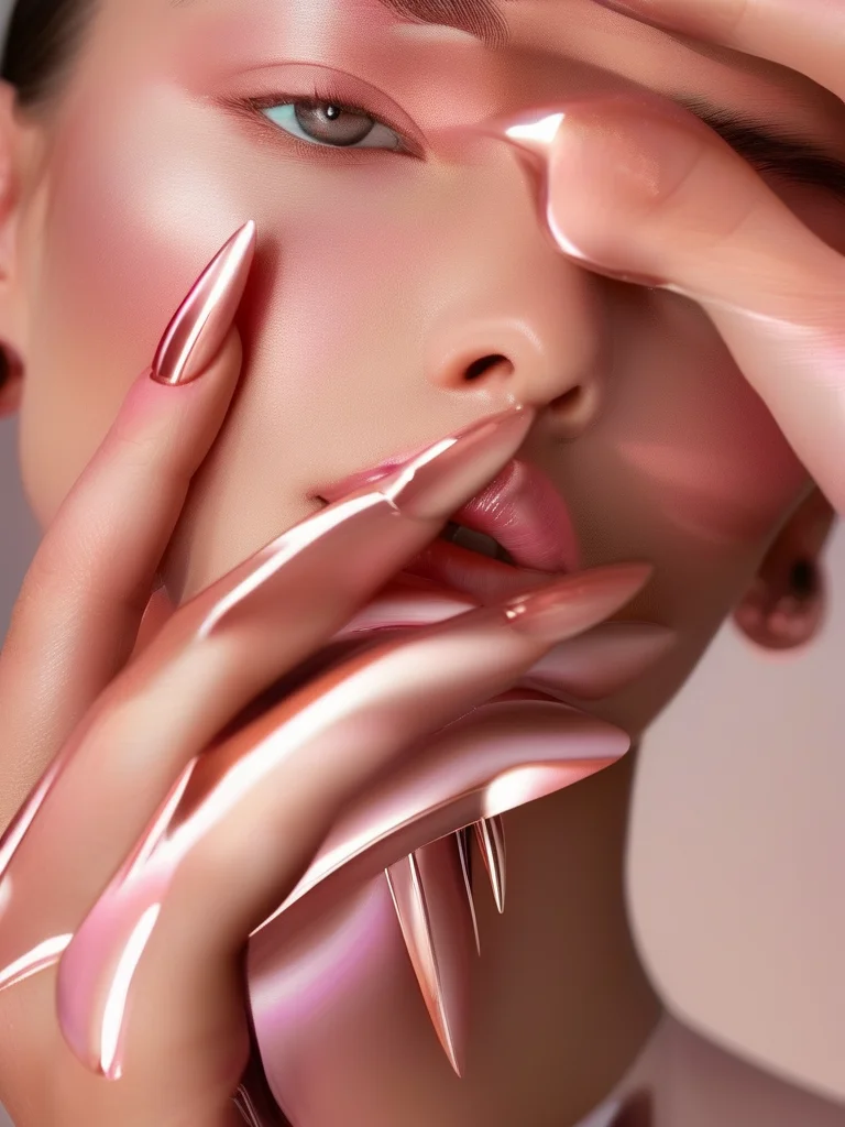 7 Unforgettable Spring Nail Ideas 2026: The Luxury Editor's Picks 5 Extreme close-up of a woman's hand featuring long, slender stiletto nails. The nails have a stunning iridescent chrome glaze that subtly shifts in color from soft pink to lilac, creating a pearlescent, ethereal aura effect as light hits them.