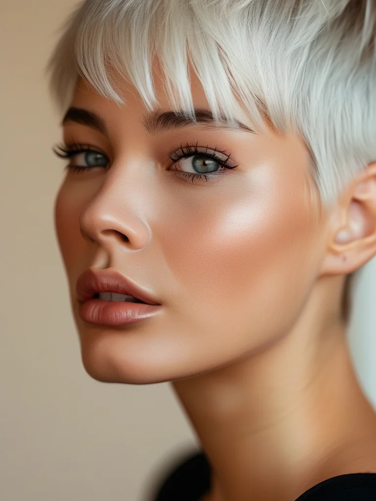 A woman with a daring, vibrant platinum blonde micro French bob haircut, cut exceptionally short, grazing just above her cheekbones. The sharp, clean lines and sleek styling are accentuated by crisp studio lighting, highlighting the bold and modern aesthetic of this hairstyle.