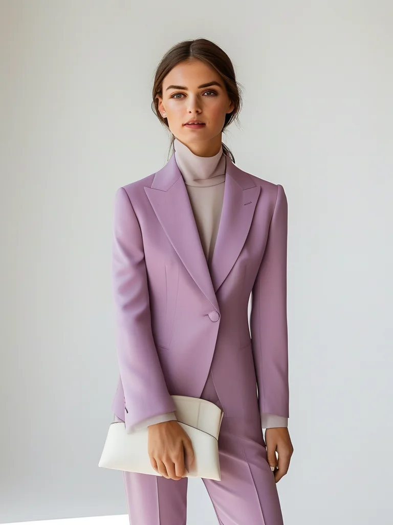A confident woman in her late twenties poses in a clean studio setting, showcasing a tailored pastel lavender power suit. She wears a single-breasted blazer and matching high-waisted trousers, paired with a cream silk camisole and sharp white pointed-toe heels. A sleek white clutch bag completes her sophisticated and powerful ensemble.