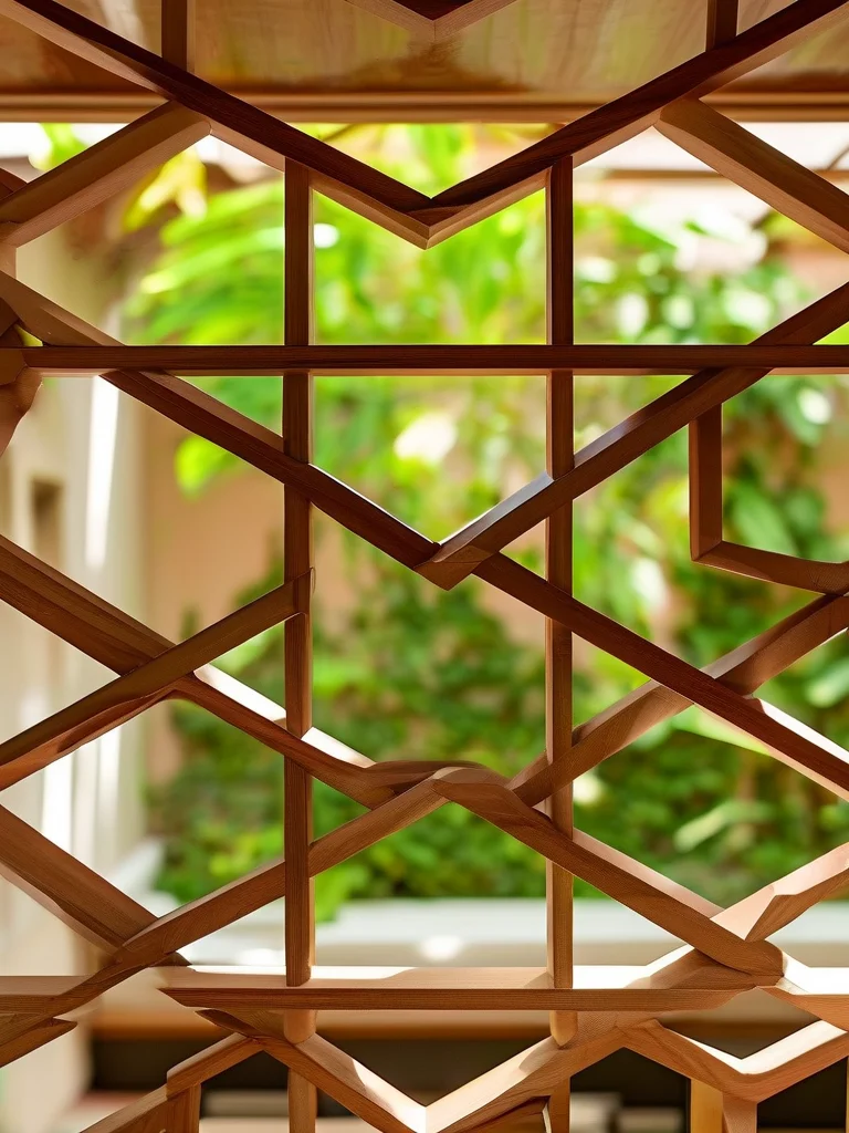 A beautifully crafted wooden grid trellis on a privacy screen, perfectly supporting cucumber vines and creating a geometric patterns against the sunlit yard.