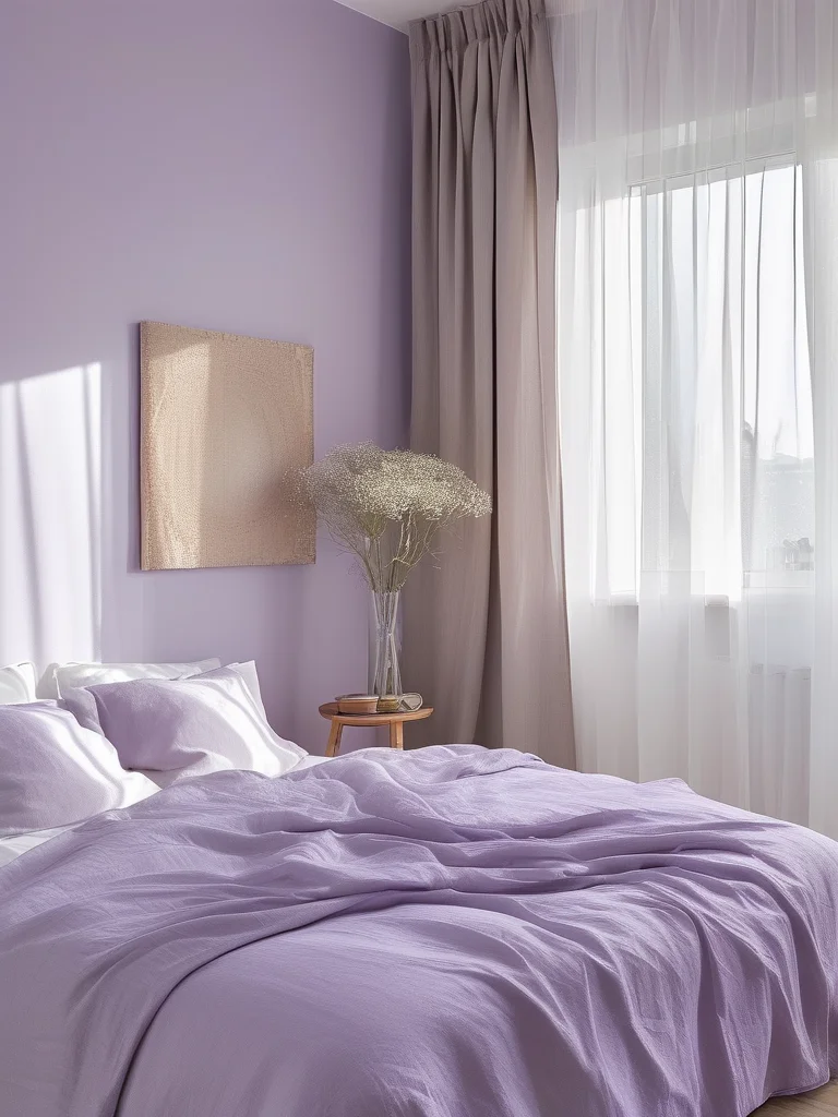 7 Viral Reasons Why the Color Drenching Bedroom Trend Is Taking Over 5 A light and airy bedroom where soft lavender hues on the walls, trim, and bedding create a peaceful, dreamy, and cohesive atmosphere.