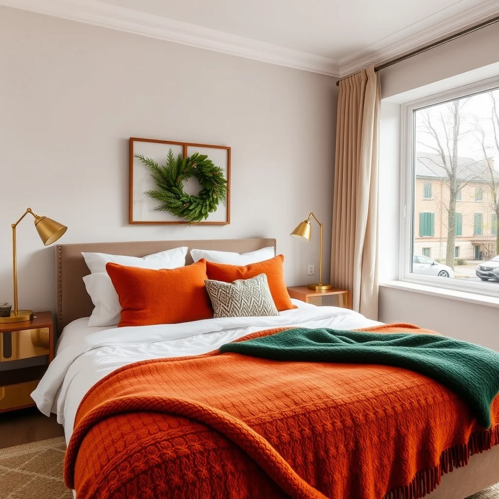 A seasonal bedroom interior showing warm autumn color tones in the bedding, blankets, and decorative accents.