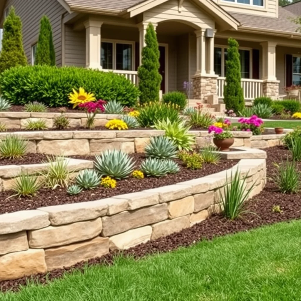 A beautiful tiered stone garden bed built into a sloped front lawn with succulents and perennials.