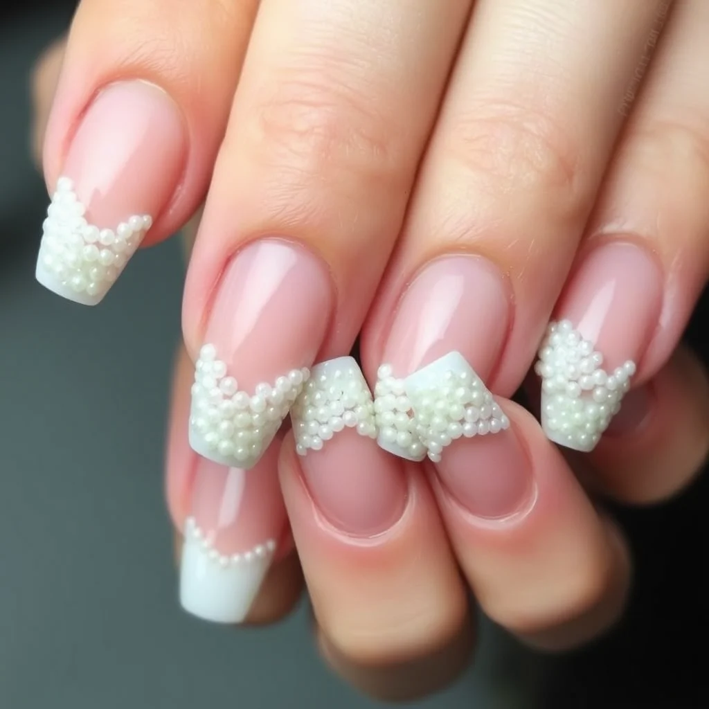 A modern French manicure where the tips are fully encrusted with tiny white pearls.