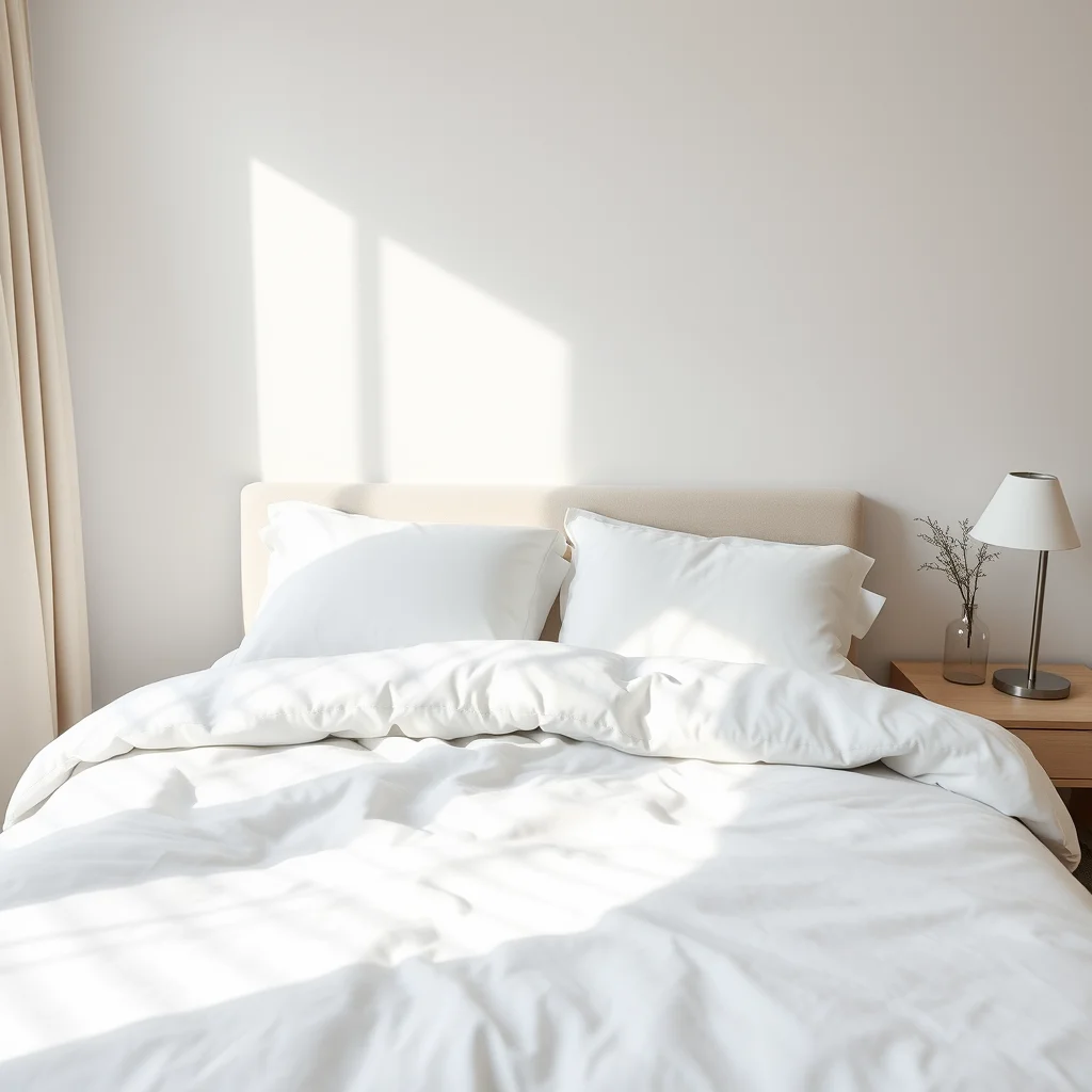 A minimalist white bedroom featuring a perfectly made bed with premium linens and subtle accent colors that blend into the white palette.