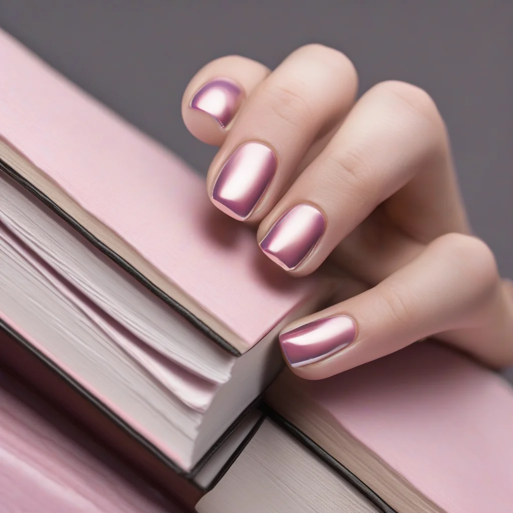 9 Viral Back to School Nail Art Trends to Ace Your Semester Style 5 A close-up of rounded nails coated in a sheer pale pink with a high-intensity pearlescent chrome powder, resting on top of several hardcover books.