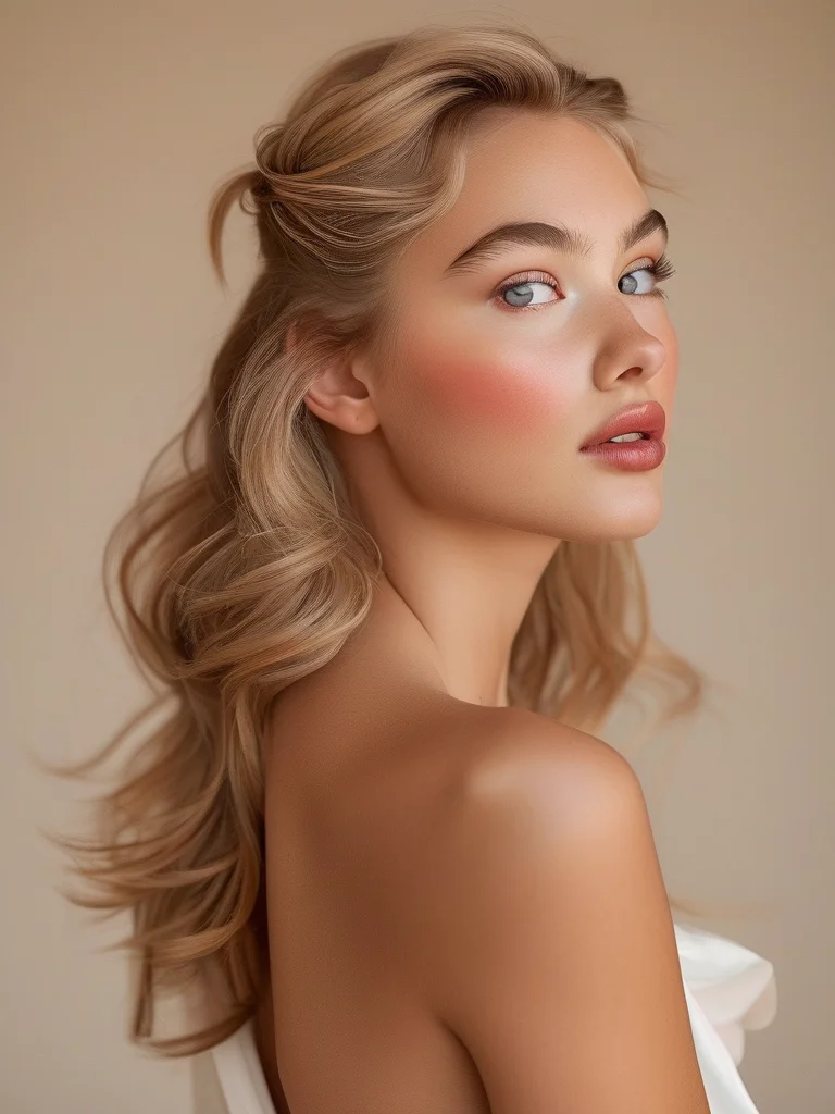 A woman with strawberry blonde hair in a soft half-updo with face-framing tendrils. Her soft glam makeup features harmonious rosy tones on her eyes, cheeks, and lips, exuding a romantic glow.