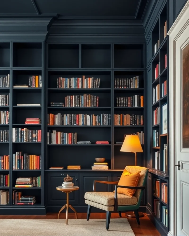 A sophisticated living room featuring floor-to-ceiling dark blue bookshelves filled with books and personal decor.