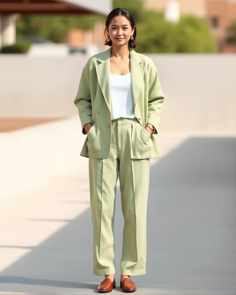 A professional woman dressed in a sage green linen suit, standing outdoors and showcasing a modern take on summer power dressing.