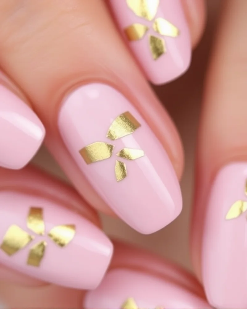 Short oval nails in soft pink with subtle, elegant gold leaf foil accents.