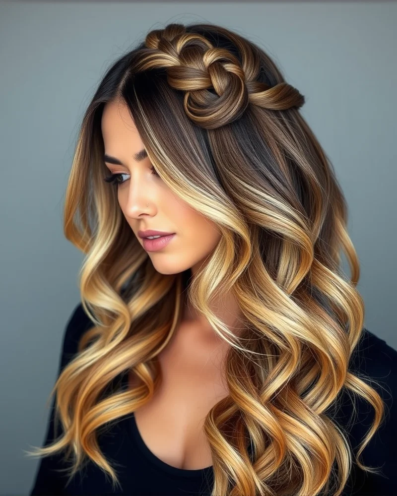 A beautiful portrait showing a waterfall braid seamlessly blending into beachy ombre waves in a soft, fashionable style.