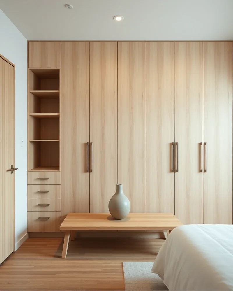 A clean, clutter-free bedroom with integrated light wood cabinetry and a single sculptural vase on a low bench, embodying a minimalist aesthetic.