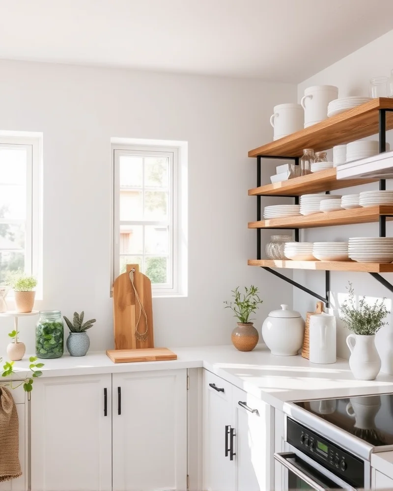 7 Viral Farmhouse Kitchen Decor Trends That Will Transform Your Home 5 A bright kitchen wall with open wooden shelves neatly organized with white ceramic plates, clear glass storage jars, and small greenery.