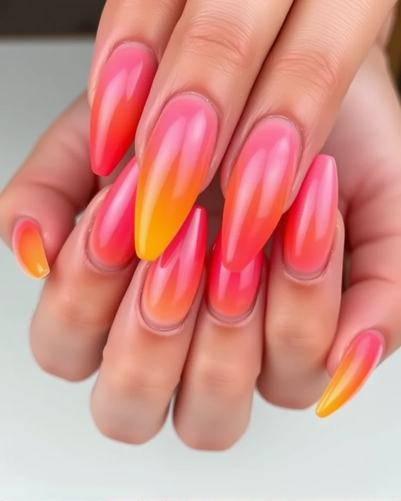 7 Dreamy Watercolor Nail Art Designs You Need to Try This Season 5 Long almond-shaped nails painted with a vibrant sunset gradient, featuring soft watercolor blending from pink to yellow.