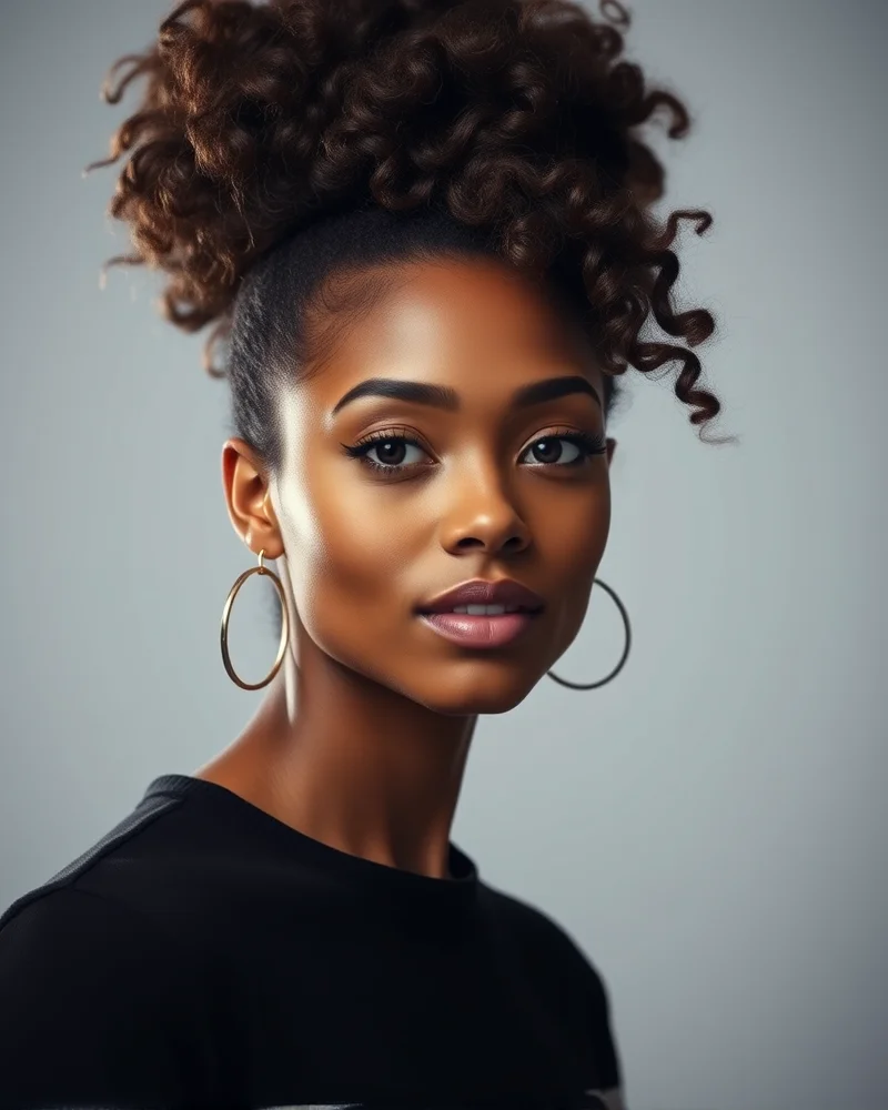 7 Effortless Messy Bun Hairstyle Hacks for an Instant Glow-Up 5 A woman with large, defined natural curls wearing a high, oversized messy bun. The hair is thick, vibrant, and takes up the entire frame.