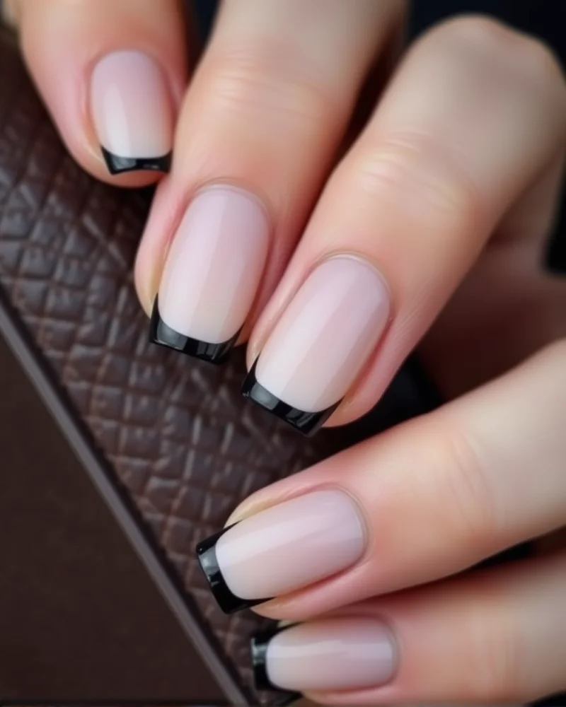 Short square nails with a natural nude base and elegant, sharp black French tips, held against a high-end leather surface.