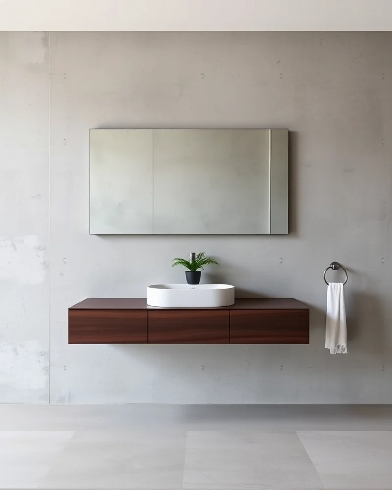 A sleek, minimalist bathroom featuring a dark walnut floating vanity against a polished concrete wall.