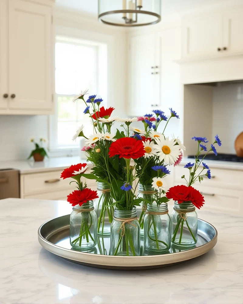 A bright farmhouse kitchen island featuring a rustic tiered tray filled with mason jars of red ranunculus, white daisies, and blue cornflowers, set against a marble countertop backdrop.