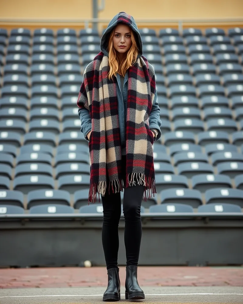 A woman accessorized with a large blanket scarf over a denim and hoodie layered outfit at a stadium.
