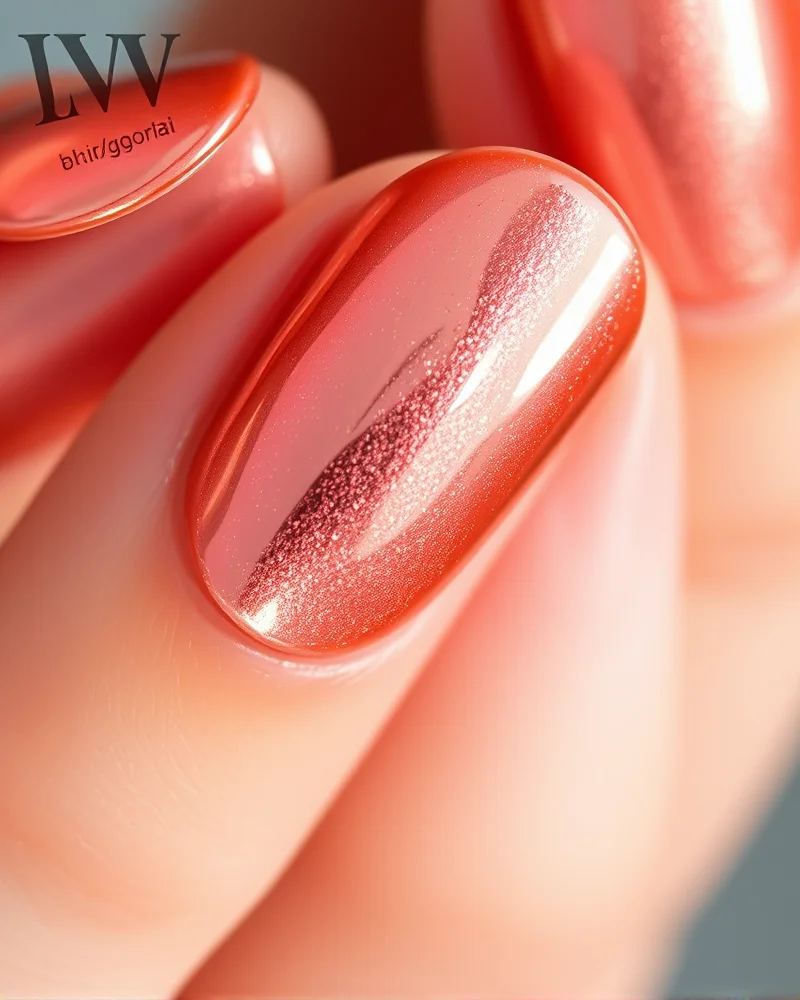Short oval nails coated in a brilliant, mirror-like rose gold chrome powder, showcasing warm metallic tones and high-shine reflections.