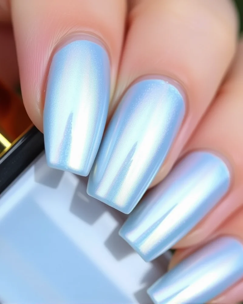 Short natural-shaped nails coated in a pale blue base with a heavy, pearlescent chrome powder finish.