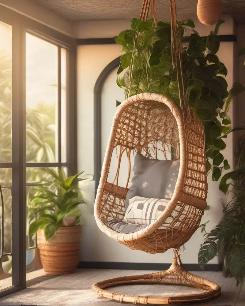 9 Summer Front Porch Decor Ideas That Will Make Your Neighbors Jealous 5 A cozy bohemian-style porch featuring a wicker egg chair, macrame accents, and lush green hanging plants, bathed in the soft glow of a summer sunset.