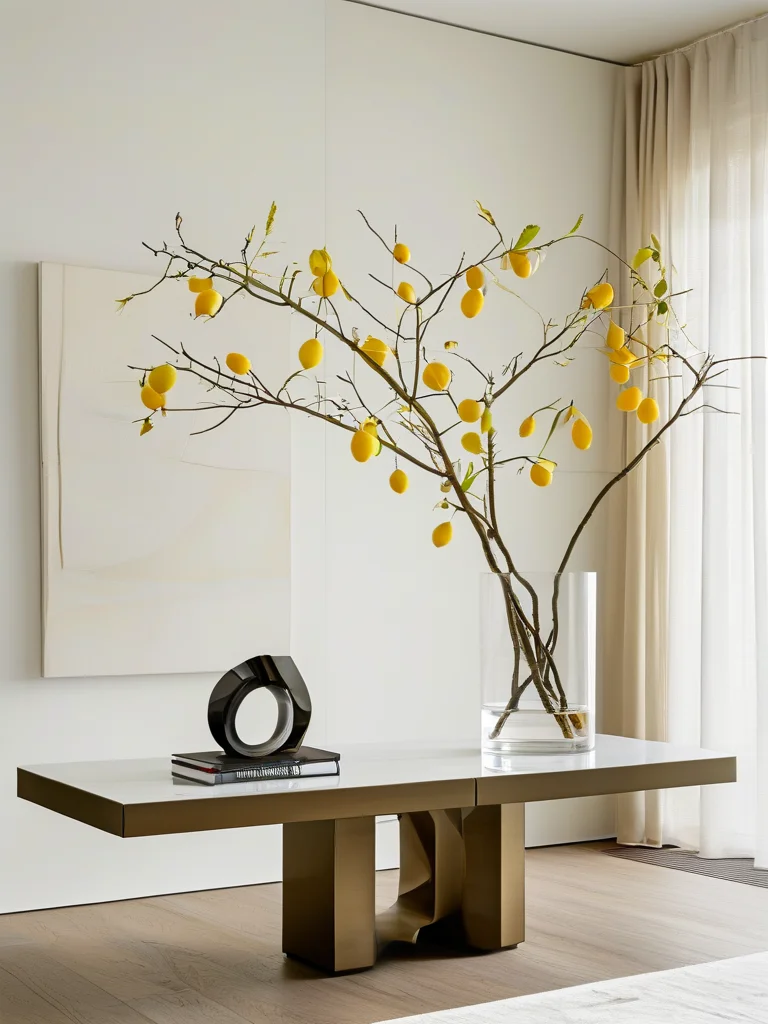 A minimalist entryway features a console table with a single, sculptural lemon tree branch holding ripe lemons and glossy leaves, elegantly placed in a tall, slender clear glass vase. The clean white wall and soft, diffused light emphasize simplicity.