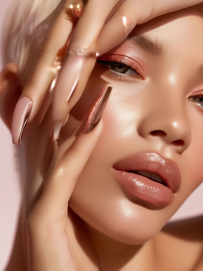 Short oval nails with a glossy nude base, featuring an ultra-fine, shimmering rose gold chrome line tracing the edge of the French tip. This minimalist design adds a touch of luxurious sparkle.