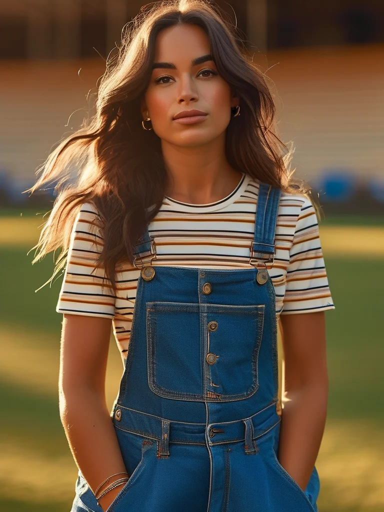 A woman models a casual baseball game outfit featuring blue denim overalls over a striped long-sleeve t-shirt and leather ankle boots.