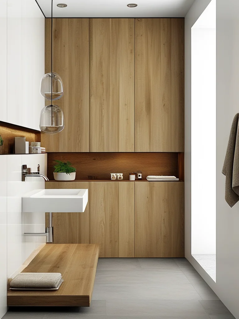 A functional small bathroom utilizing vertical space with a tall, narrow wall-mounted light wood cabinet and recessed shelving built into the wall above a toilet. The white walls and simple grey floor tiles create a clean backdrop for the smart storage solutions.