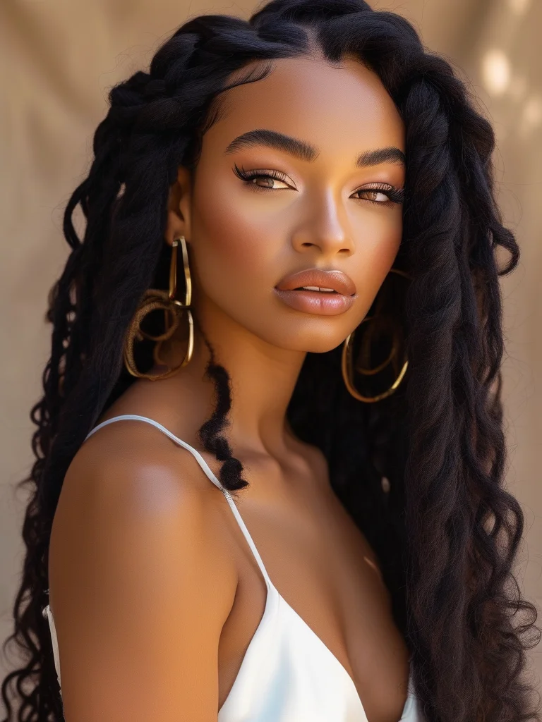 20+ Stunning Goddess Braid Styles to Elevate Your Look 6 An elegant editorial portrait of a woman featuring long, jet-black goddess braids styled half-up, half-down. The top section is neatly pulled back, allowing some braids to fall gracefully, while others cascade freely over her shoulders in soft afternoon light.