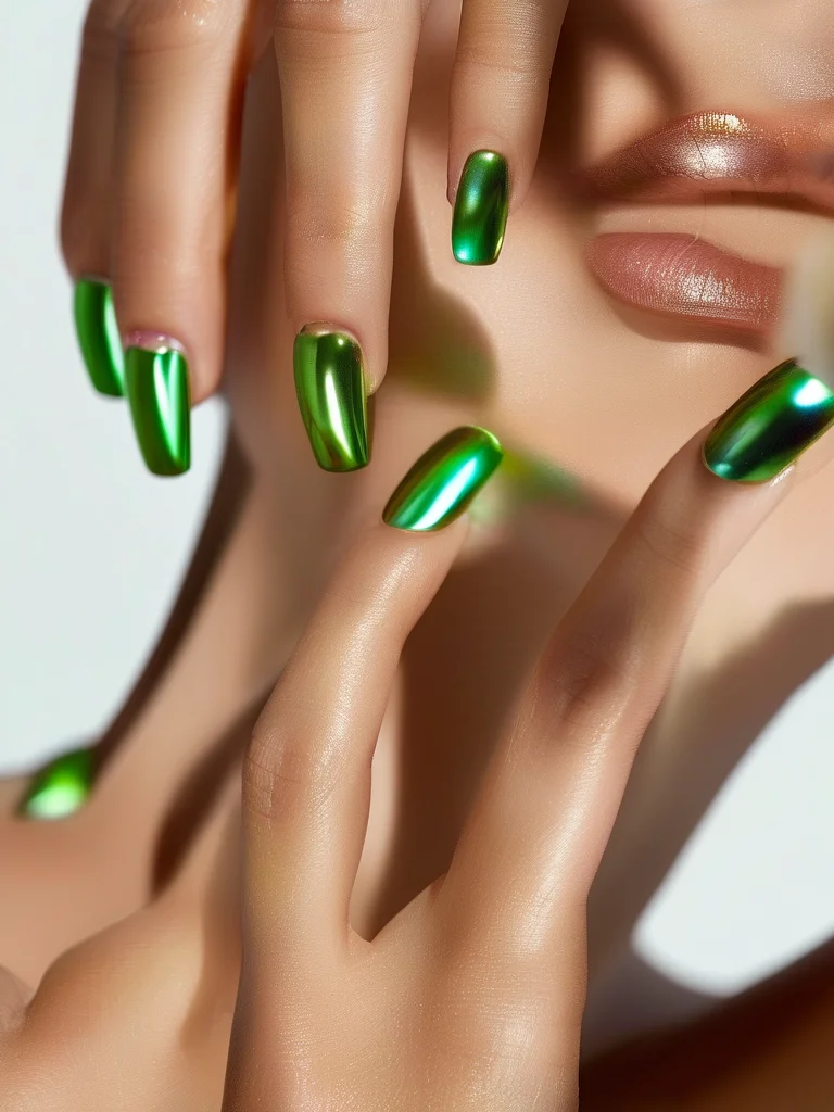 Beyond Basic: 5 Stunning Square Nail Trends You Need to See 6 A macro shot of a woman's hand featuring short, flawlessly square nails. The nails are coated in a vibrant, highly reflective emerald green chrome finish, giving them a luxurious, mirror-like sheen that catches ambient light.