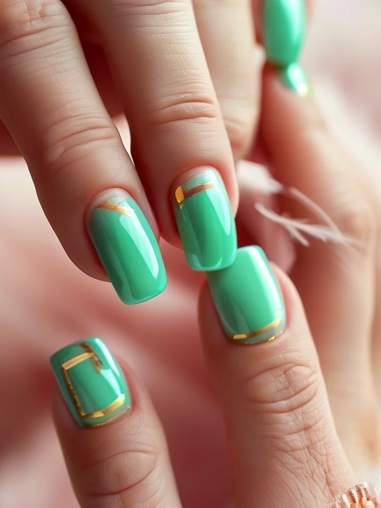 Short, rounded-square nails in a fresh mint green shade, with one accent nail showcasing a minimalist gold geometric line design, all finished with a sophisticated matte texture.