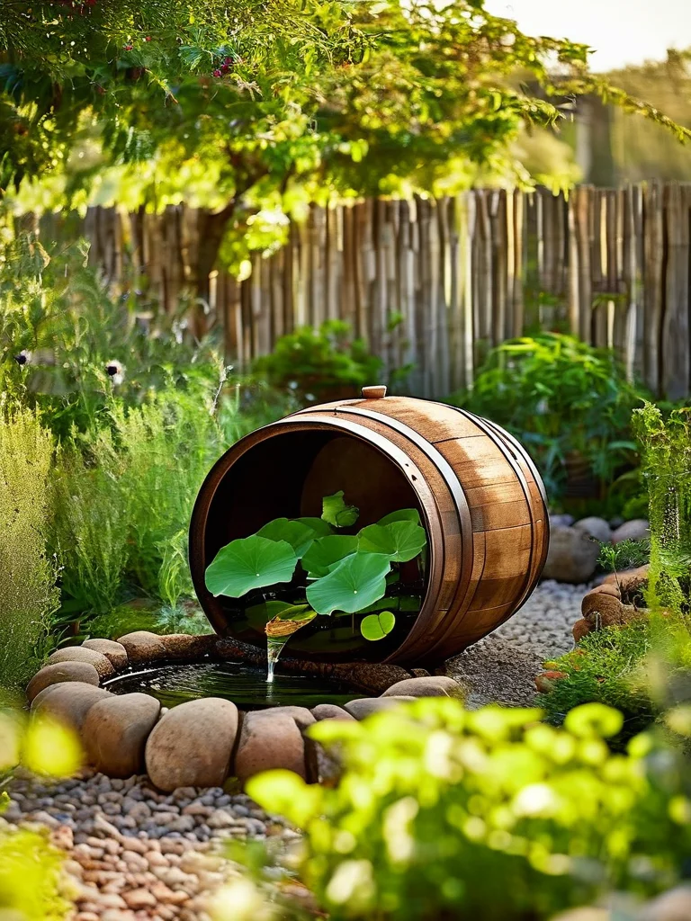 A charming backyard garden features a repurposed half wine barrel serving as a DIY water garden and bubbling fountain, complete with water lilies and aquatic plants. The barrel rests on a gravel path beside a raised bed of herbs and vegetables, against a rustic wooden fence under bright sunlight, creating a natural and inviting scene.