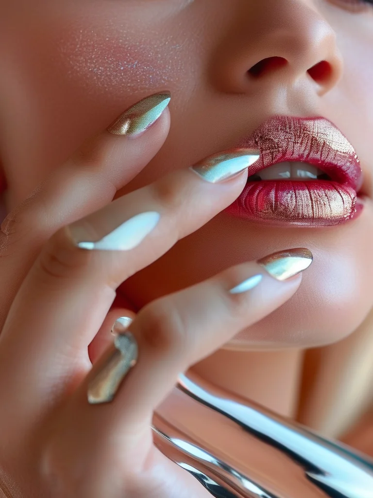 Close-up of a woman's hand with short coffin nails featuring a shimmering iridescent chrome finish, enhanced by subtle sculpted clear gel waves that create a mesmerizing liquid metal effect. The glossy topcoat adds to the modern and edgy prom aesthetic.