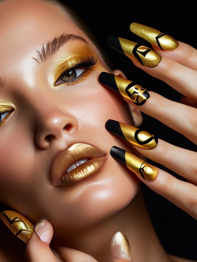 Almond nails featuring a luxurious matte black base with intricate metallic gold chrome Aztec-inspired geometric patterns, creating a striking contrast.