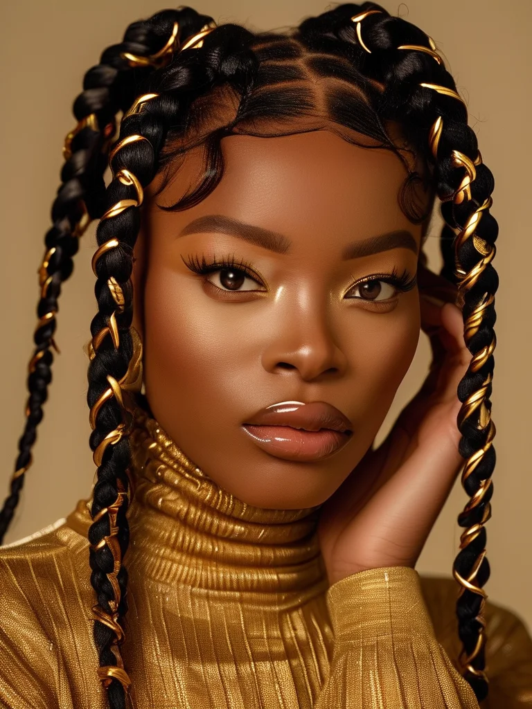 Unlock Your Ultimate Look: 7 Stunning Box Braid Styles to Inspire Your Next Transformation 6 A close-up view of rich auburn box braids intricately adorned with shimmering gold cuffs, delicate beads, and fine intertwining threads. The accessories are carefully placed throughout the braids, highlighted by warm studio lighting against an elegant dark background with soft focus.