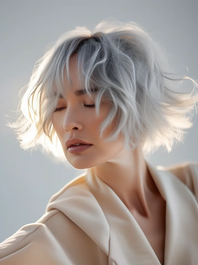 A close-up editorial beauty shot of a person with short, voluminous, layered silver-gray hair. The hair is styled dynamically, catching dramatic backlighting that emphasizes its contours, texture, and bold color.