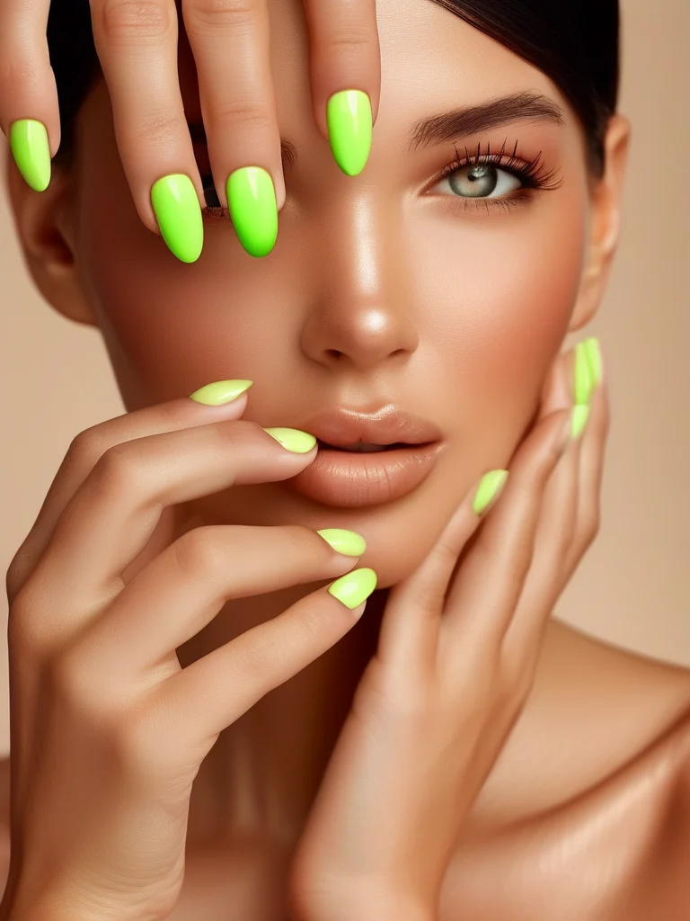 7 Unforgettable Spring Nail Ideas 2026: The Luxury Editor's Picks 6 Close-up of a woman's hand featuring elegant coffin-shaped nails. The nails have a glossy sheer nude base and are accented with ultra-thin, vibrant lime green French tips, presenting a modern twist on the classic manicure.