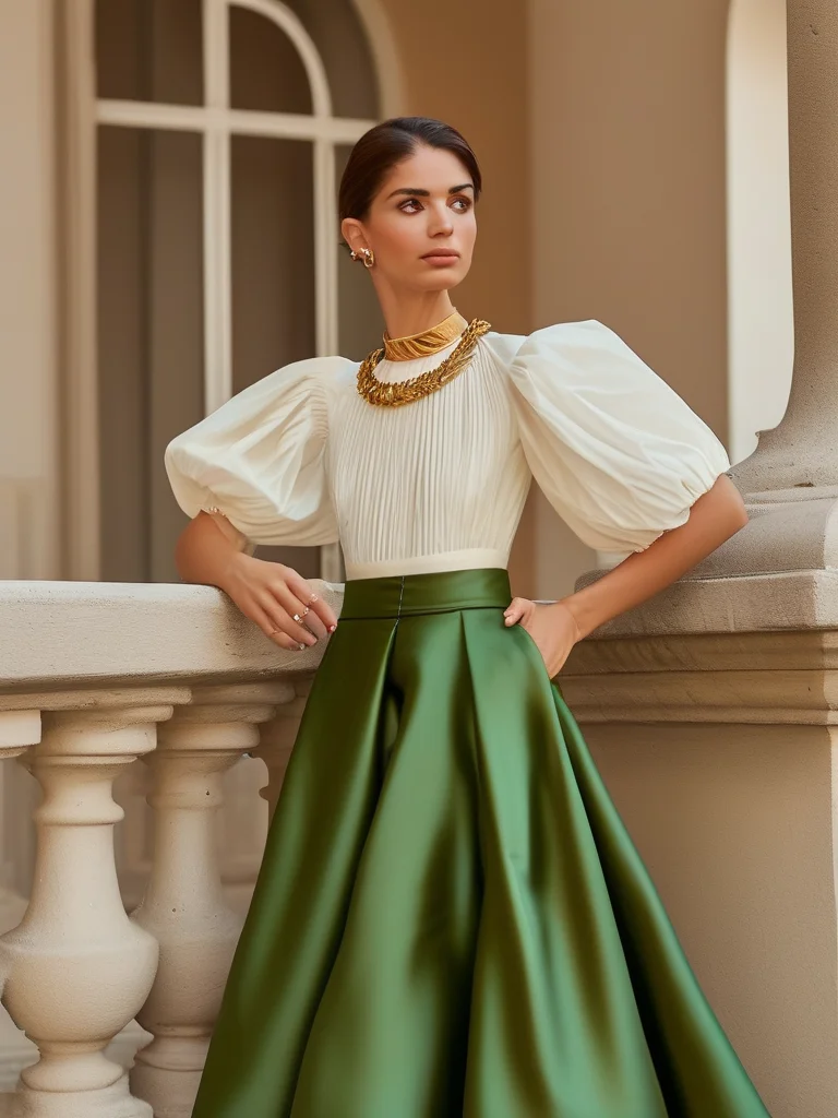 An elegantly dressed woman in her early thirties poses outdoors, wearing a rich emerald green satin midi slip skirt and a voluminous white puff-sleeve top. She pairs her outfit with delicate nude strappy heels and accessorizes with a gold choker and a small structured handbag, embodying sophisticated spring style.
