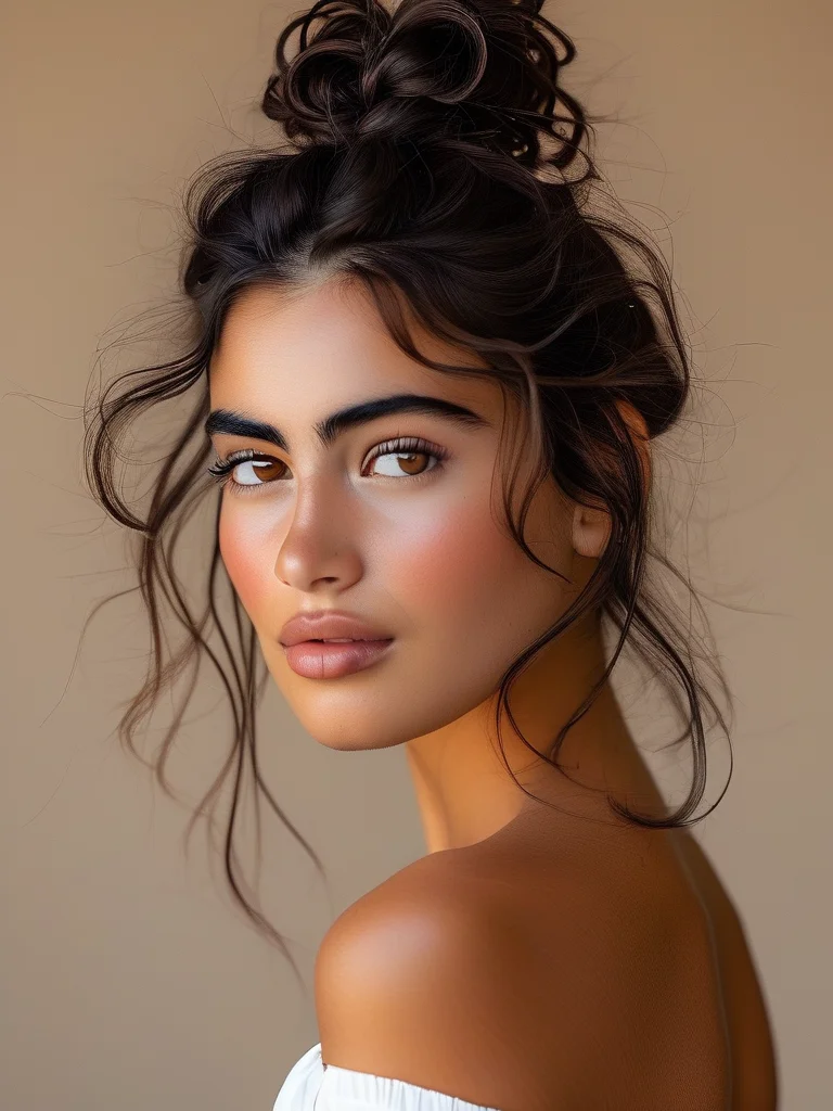 A woman with naturally curly, voluminous dark brown hair in a chic, slightly messy high ponytail. Her soft glam makeup emphasizes healthy glowing skin, groomed brows, and a sheer lip, embodying an elevated 'clean girl' look.