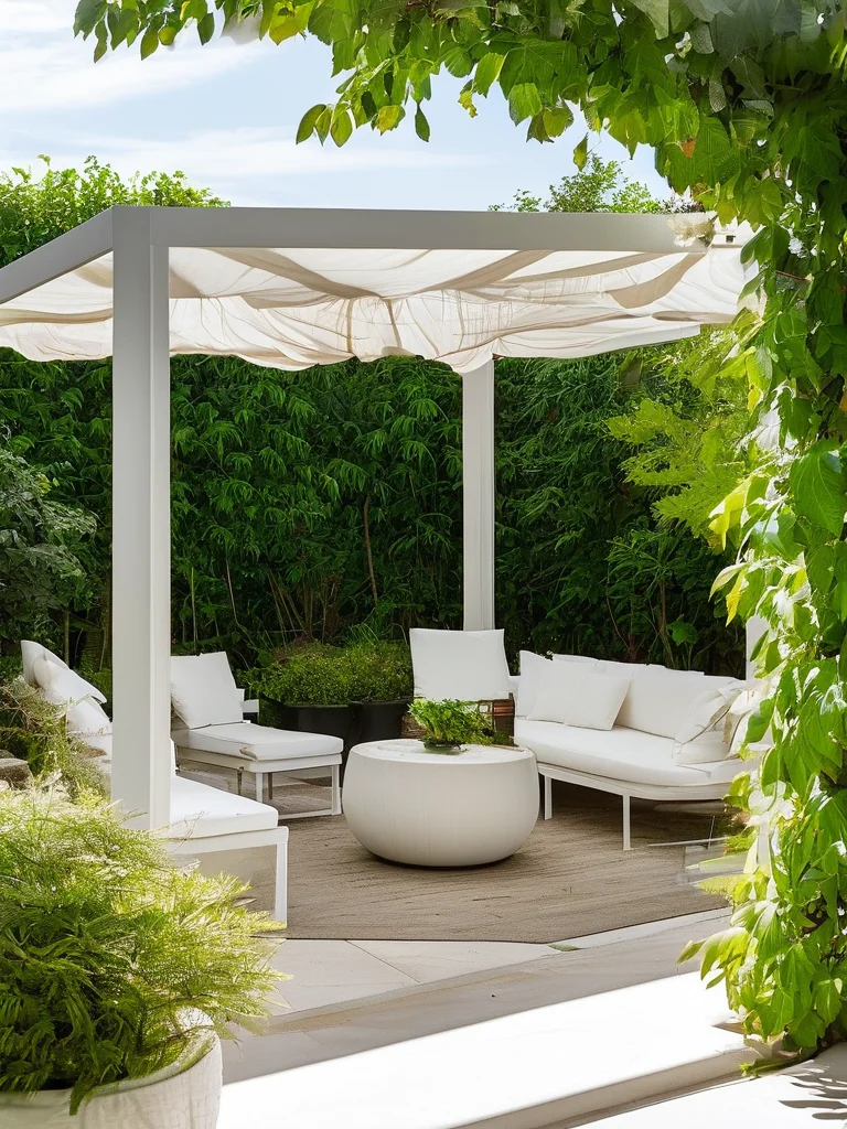 A crisp, bright white cucumber trellis standing out against lush green vines, set in a luxurious, airy, and bright outdoor living area.