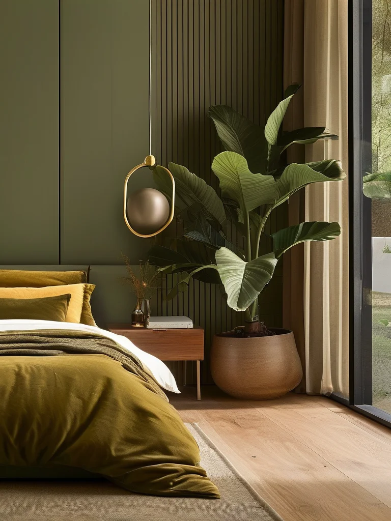 7 Viral Reasons Why the Color Drenching Bedroom Trend Is Taking Over 6 An elegant master bedroom painted in a rich olive green that encompasses the walls and trim, creating a grounded, organic environment.