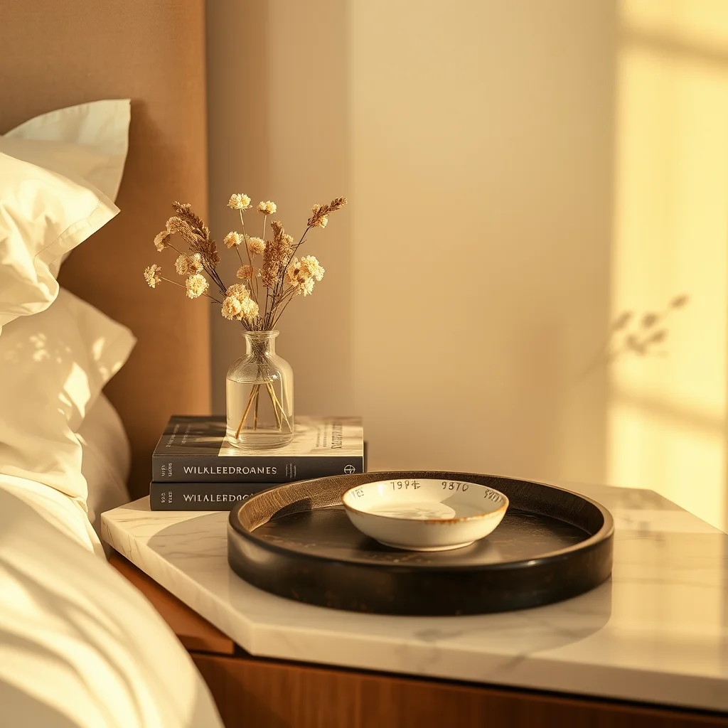 A beautifully styled nightstand with a curated selection of books, flowers, and candles, representing a well-styled bedroom side table.